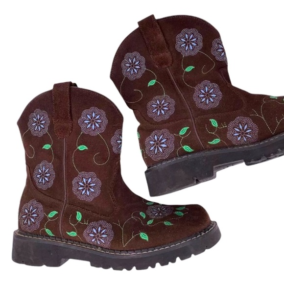 Boots ROPER Colorful Floral Brown Suede Leather Blue Green Embroidered Size 7.5 - Picture 2 of 12